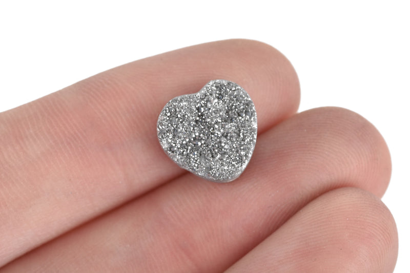 4 Silver DRUZY Natural GEMSTONE Quartz Beads, HEART, 12mm, 1/2", agate rock crystal, flatback with hole, Geode Cabochon, gdz0095