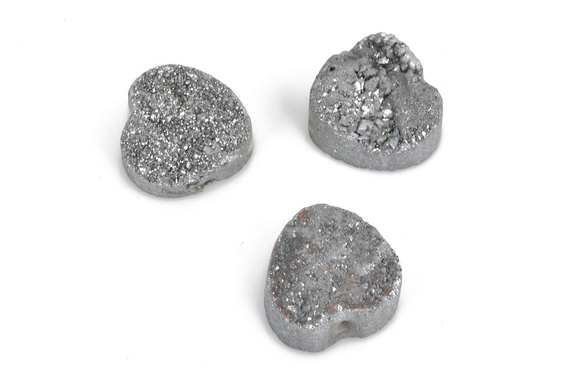 4 Silver DRUZY Natural GEMSTONE Quartz Beads, HEART, 12mm, 1/2", agate rock crystal, flatback with hole, Geode Cabochon, gdz0095