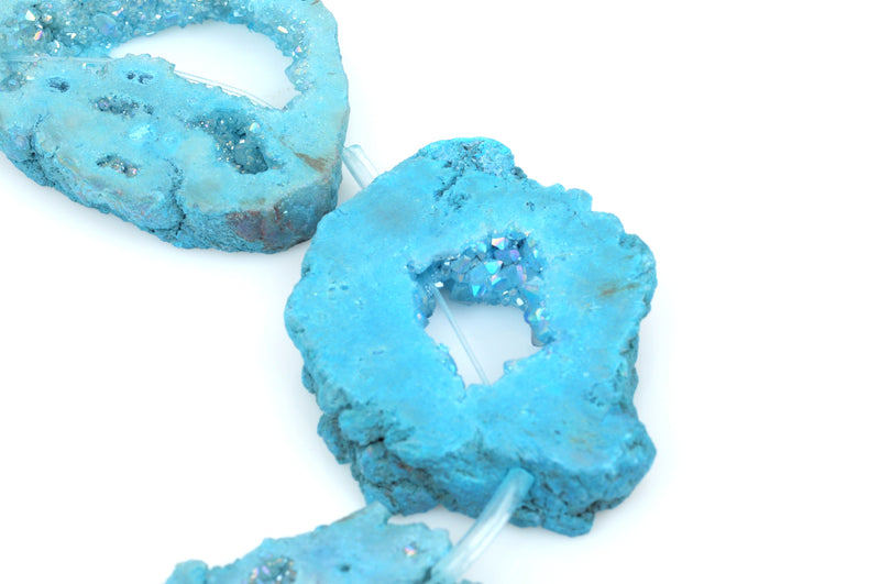 7 Large TURQUOISE BLUE DRUZY Natural Gemstone Quartz Geode Beads, Flat Round Slabs, 2-1/4" - 2-1/2",  Rainbow Plated Crystals, gdz0112