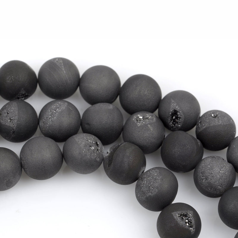 10mm DRUZY QUARTZ Round Beads, Titanium Coated Geode Round Beads, dark silver grey platinum color,  full strand gdz0125