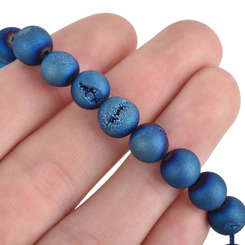 8mm DRUZY QUARTZ Round Beads, Titanium Coated Geode Round Beads, blue purple gold color,  full strand gdz0132