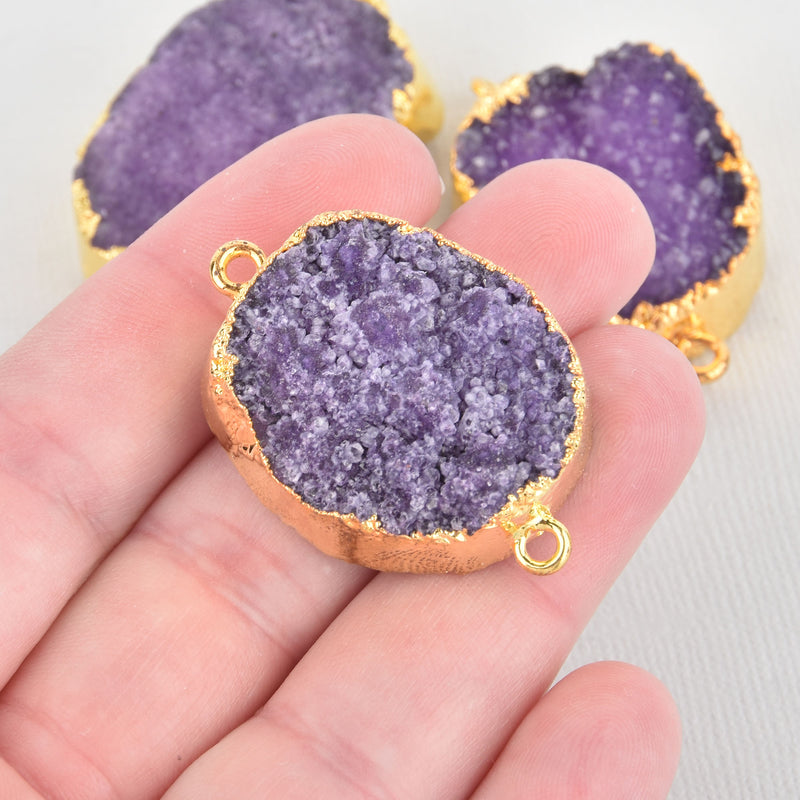 5 PURPLE DRUZY Gemstone Connector Links, large raw druzy, double bails, Oval GOLD Plated Bezel, 1-3/4" long  gdz0135