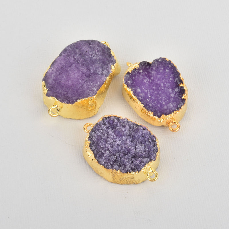 5 PURPLE DRUZY Gemstone Connector Links, large raw druzy, double bails, Oval GOLD Plated Bezel, 1-3/4" long  gdz0135