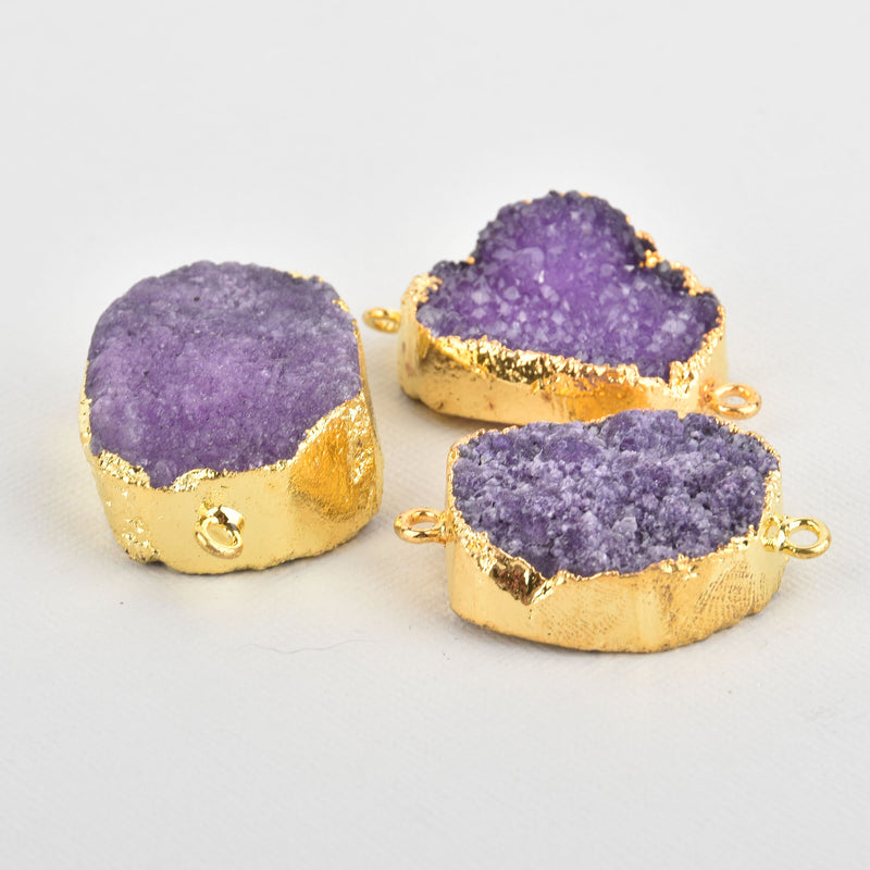 5 PURPLE DRUZY Gemstone Connector Links, large raw druzy, double bails, Oval GOLD Plated Bezel, 1-3/4" long  gdz0135