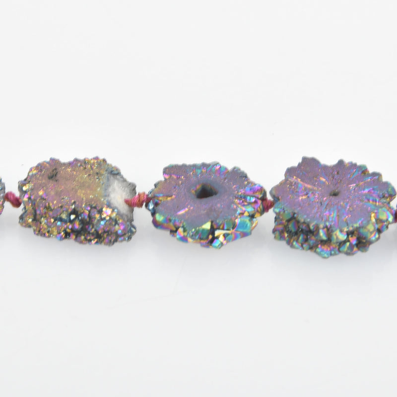 2 RAINBOW Druzy Beads, Natural Quartz, Titanium Plated, Cross Section of Stalactite, 12mm to 15mm, gdz0182