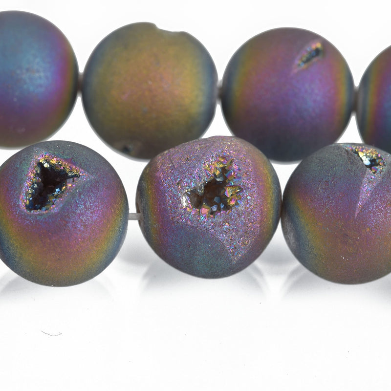 14mm Round Druzy Beads, Titanium Coated Crystal DRUZY QUARTZ, purple, green, blue, full strand, about 27 beads, gdz0226