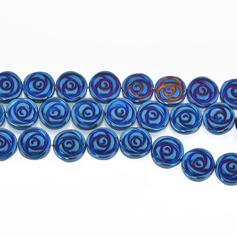 10 pcs Titanium Coated Blue Iris Carved ROSE Hematite Gemstone Beads, 12mm Gem0023