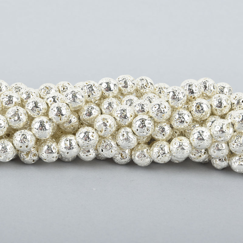 8mm Round Lava Beads BRIGHT SILVER Aromatherapy Beads, Perfume Diffuser Essential Oil, full strand 46 beads gem0123