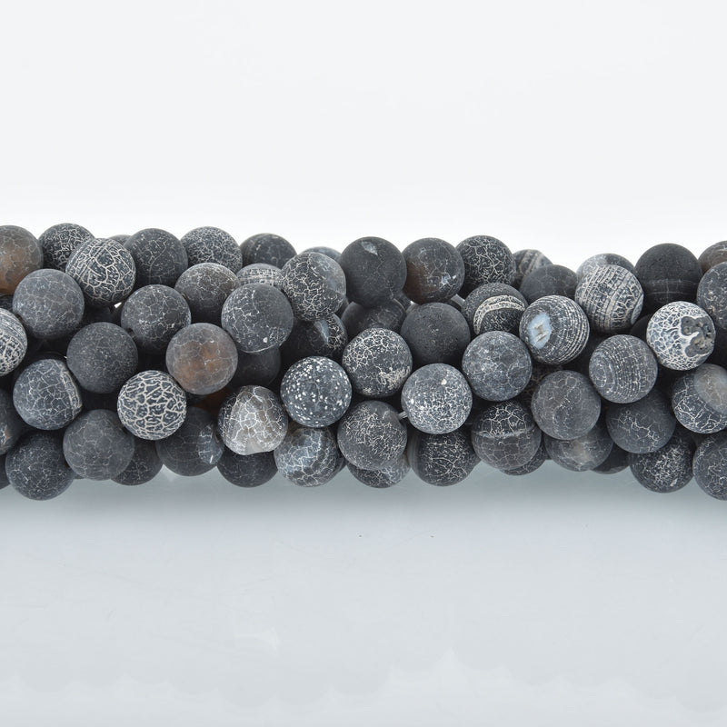 8mm BLACK Frosted Matte AGATE Round Beads, Crackle Agate Gemstone full strand, about 47 beads, gem0139