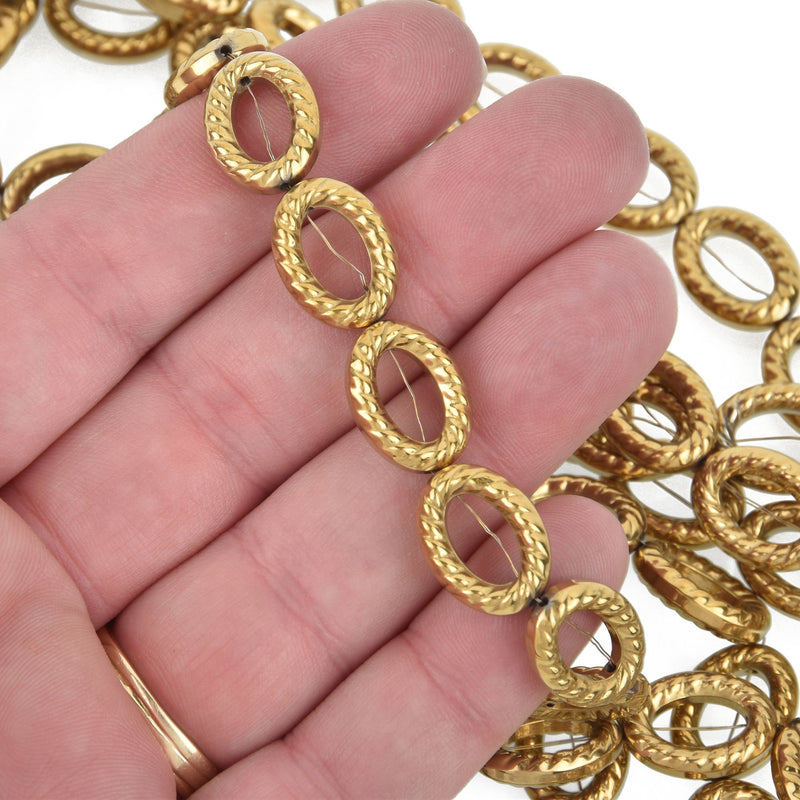 16mm Bright Gold Oval Hematite Beads full strand 24 beads gem0187