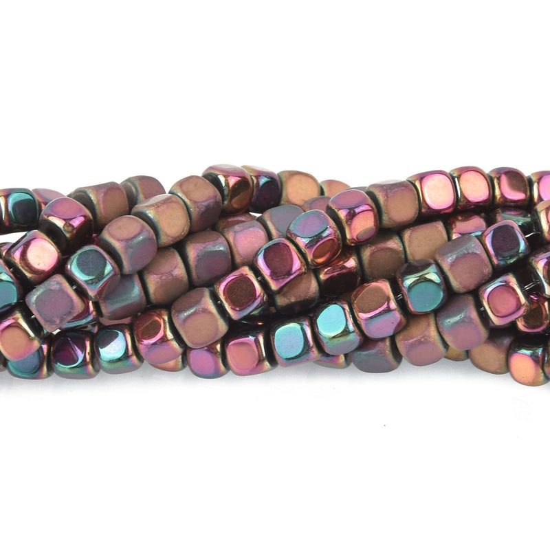 4mm Hematite Cube Beads, MAROON IRIS Gemstone full strand Gem0199