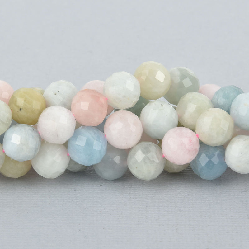 10mm MORGANITE, AQUAMARINE, HELIODOR Round Faceted Gemstone Beads, full strand, gem0210