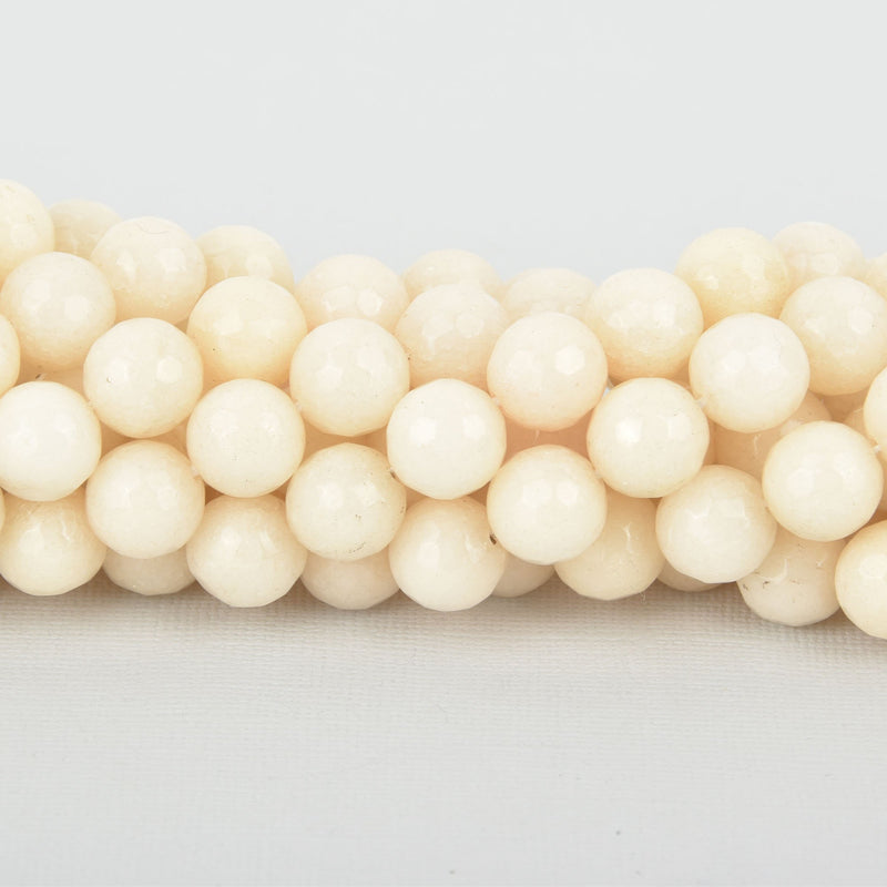 12mm Round Faceted BEIGE CREAM Jade Gemstone Beads, full strand gem0223