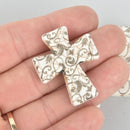 1 Laser Engraved WHITE Howlite Cross 36mm Pendant Beads, 1-3/8" Gem0236