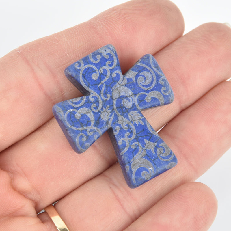 1 Laser Engraved ROYAL BLUE Howlite Cross 36mm Pendant Beads, 1-3/8" Gem0242