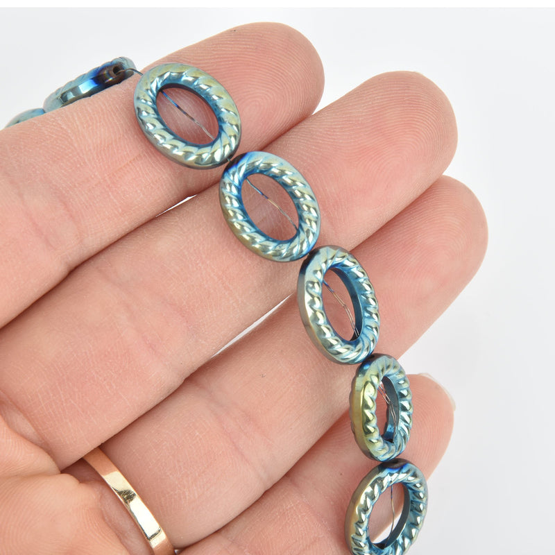 16mm BLUE GREEN IRIS Oval Hematite Beads full strand 24 beads gem0253