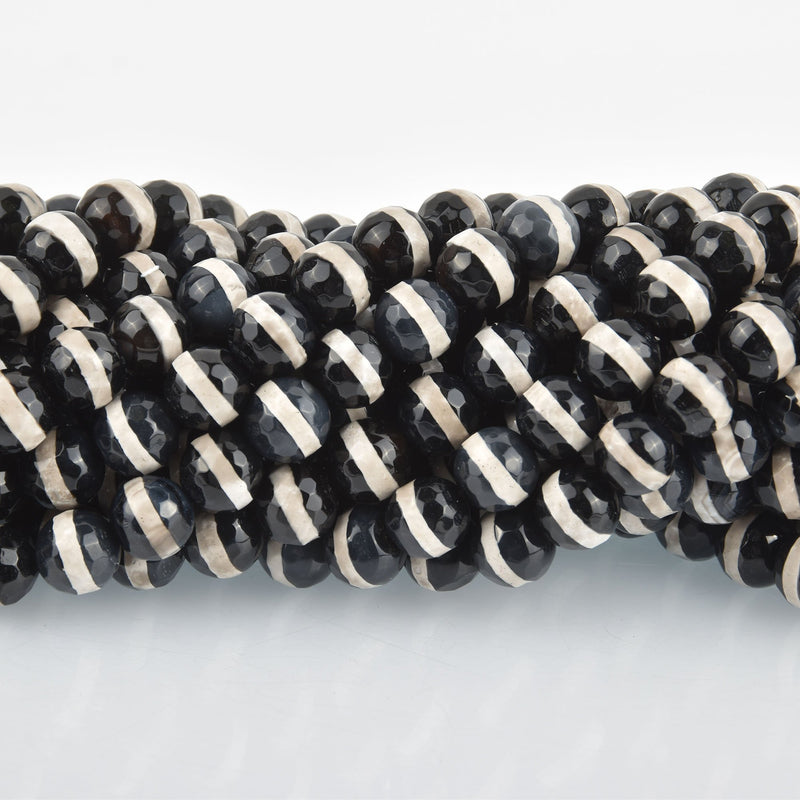 10mm DZI Black Agate Gemstone Beads Center stripe pattern faceted 37 beads gem0277