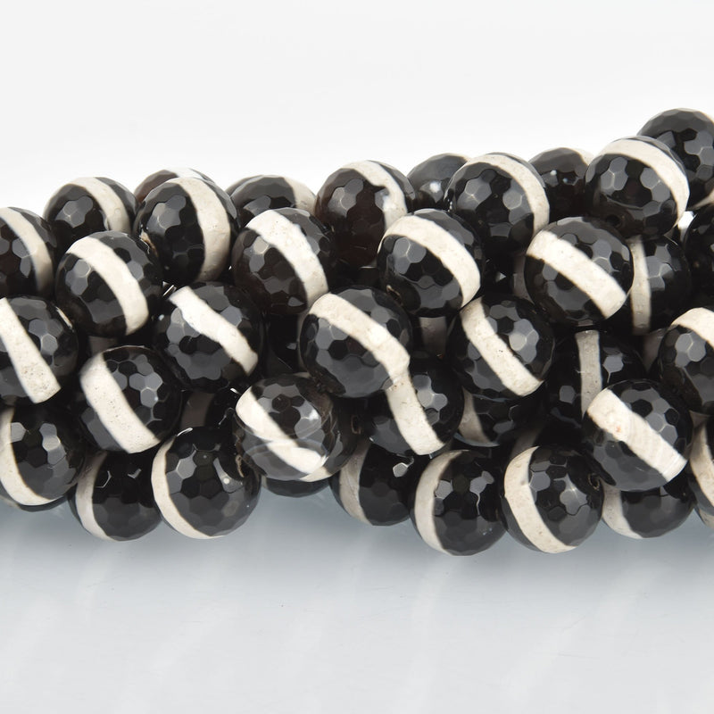 14mm DZI Black Agate Gemstone Beads Center stripe pattern faceted 27 beads gem0279