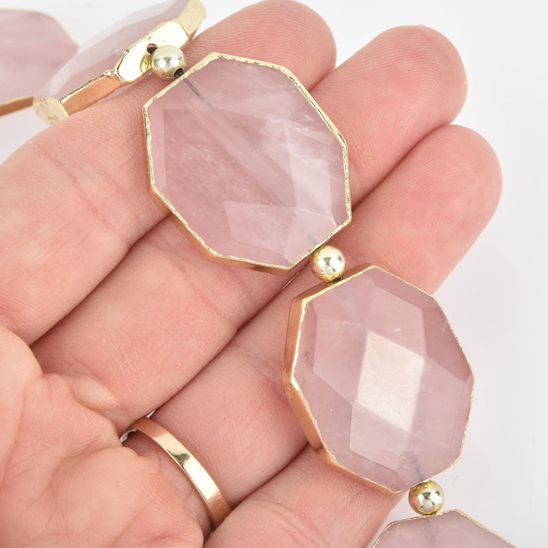 2 Pink Rose Quartz Gemstone Beads Octagon Gold Bezel 30mm gem0293