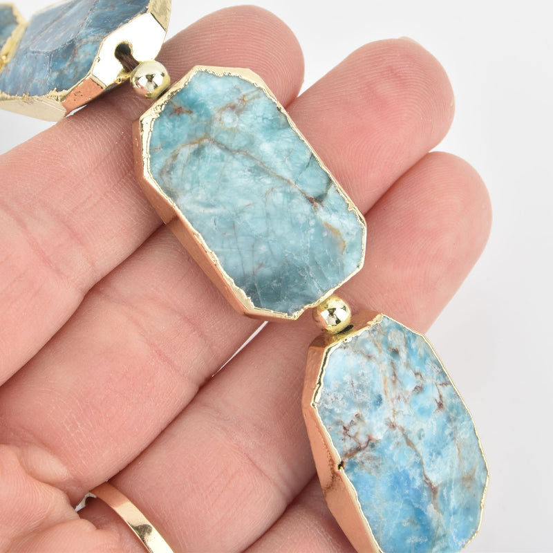 2 BLUE APATITE Gemstone Beads Octagon Gold Bezel 30mm gem0295