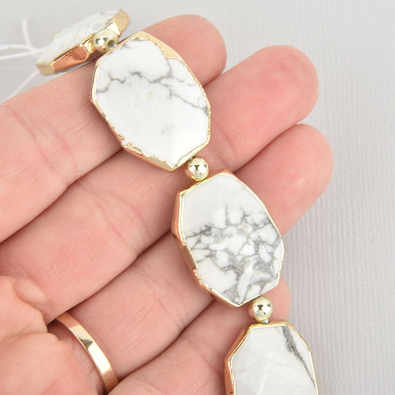 2 White HOWLITE Gemstone Beads Octagon Gold Bezel 25mm gem0296