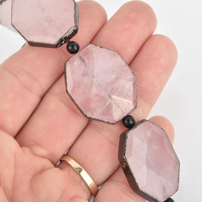 2 Pink Rose Quartz Gemstone Beads Octagon Gunmetal Bezel 30mm gem0298