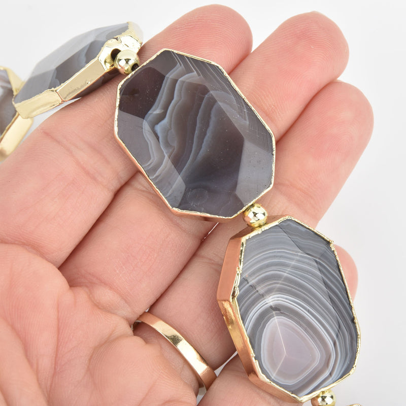 2 BOTSWANA AGATE Gemstone Beads Octagon Gold Bezel 35mm gem0300