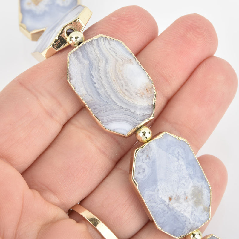 2 BLUE LACE AGATE Gemstone Beads Octagon Gold Bezel 30mm gem0301