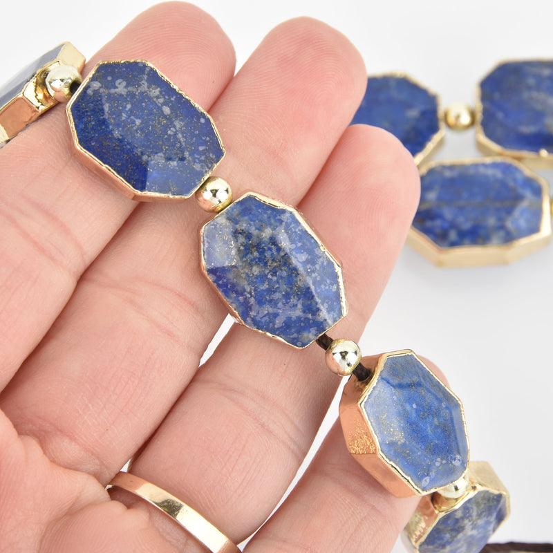 2 BLUE LAPIS LAZULI Gemstone Beads Octagon Gold Bezel 20mm gem0304