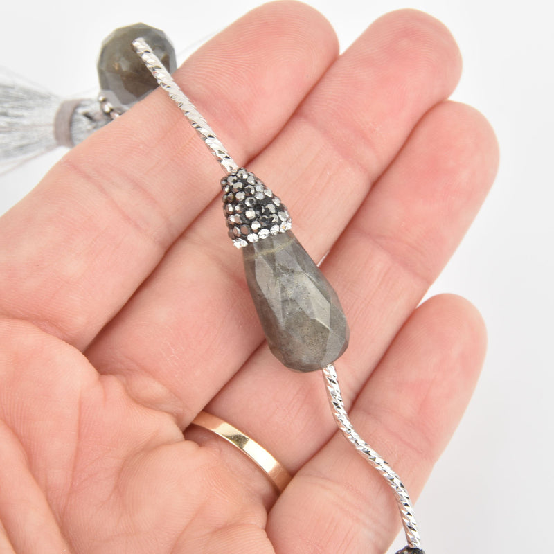 2 Labradorite Gemstone Beads, Teardrop Micro Pave Faceted Rhinestone 30mm gem0308