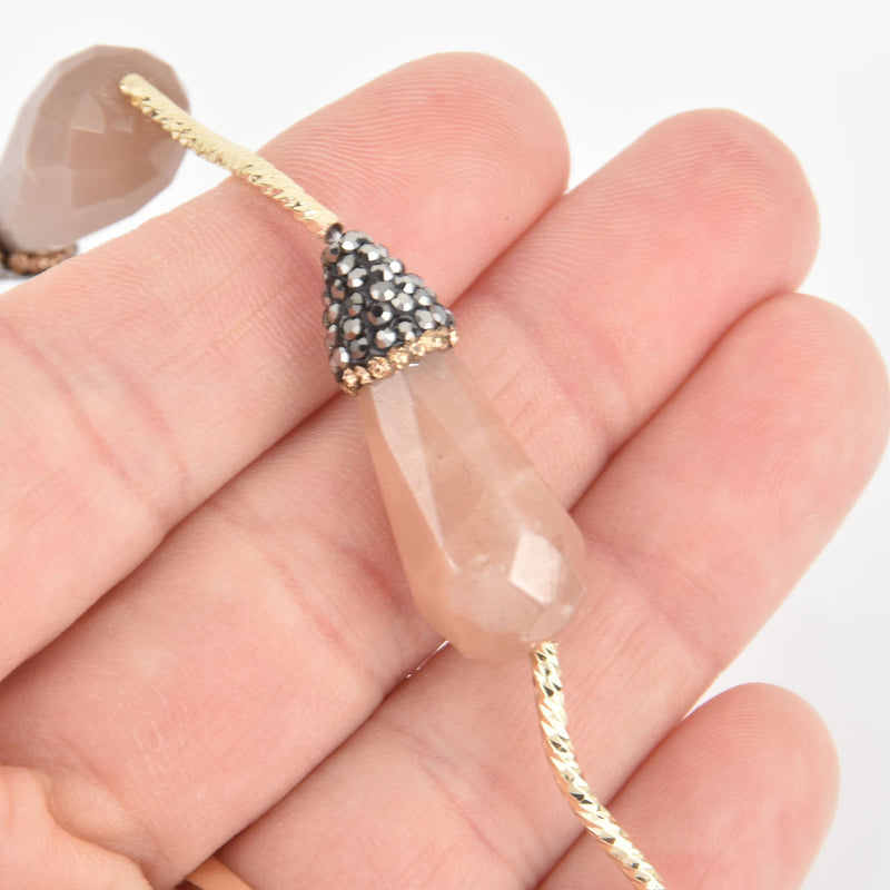 2 Sunstone Gemstone Beads, Teardrop Micro Pave Faceted Rhinestone 30mm gem0309