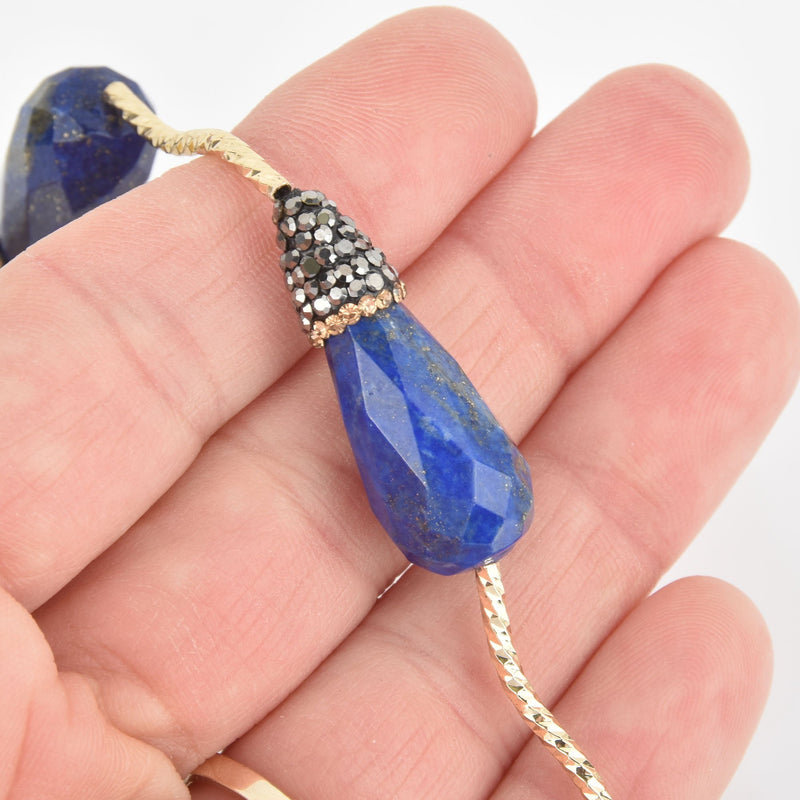 2 Lapis Lazuli Gemstone Beads, Blue Teardrop Micro Pave Faceted Rhinestone 30mm gem0310
