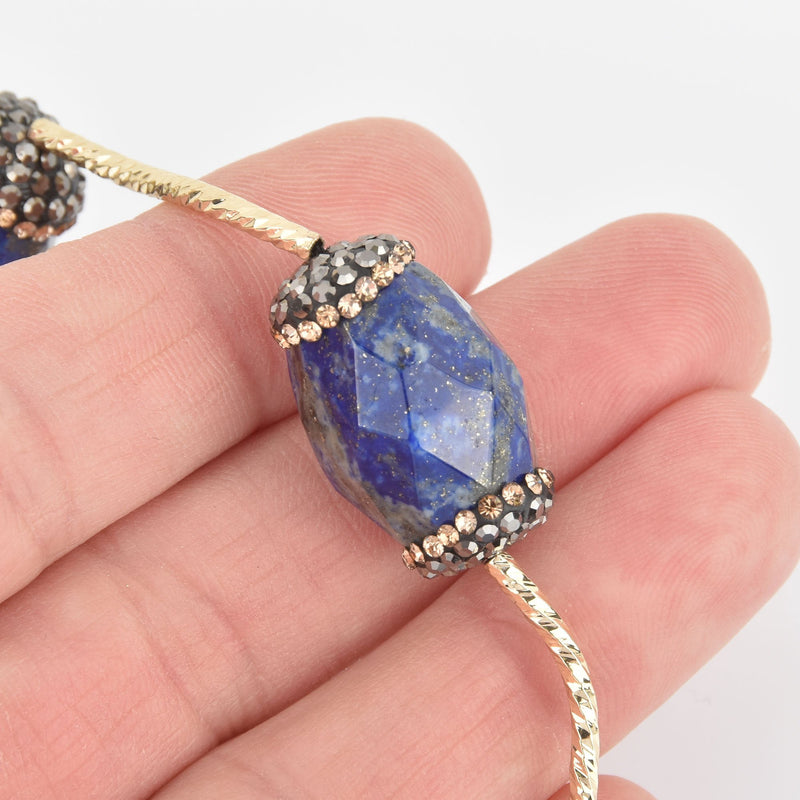 2 Lapis Lazuli Gemstone Beads, Blue Barrel Micro Pave Faceted Rhinestone 25mm gem0312