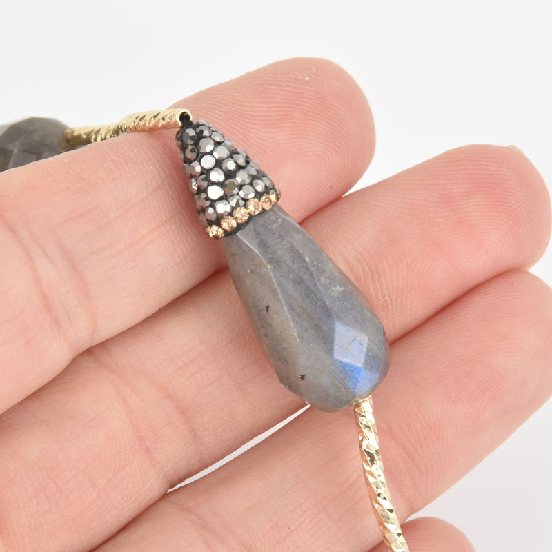 2 Labradorite Gemstone Beads, Teardrop Micro Pave Faceted Rhinestone 30mm gem0317