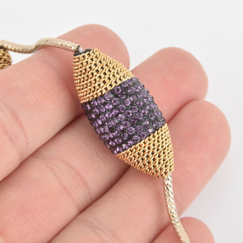 2 Purple Crystal Spindle Beads, Gold Micro Pave Faceted Rhinestone 34mm gem0324