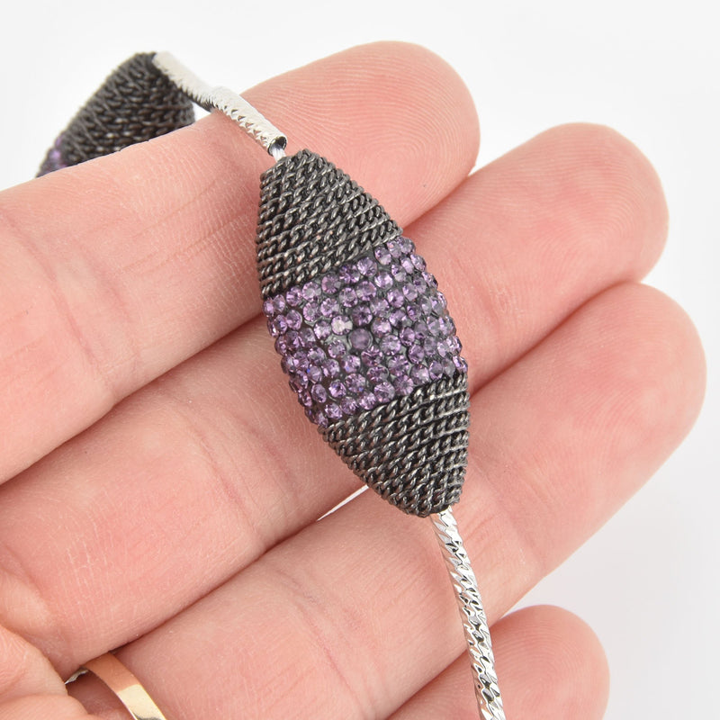 2 Purple Crystal Spindle Beads, Gunmetal Micro Pave Faceted Rhinestone 34mm gem0325