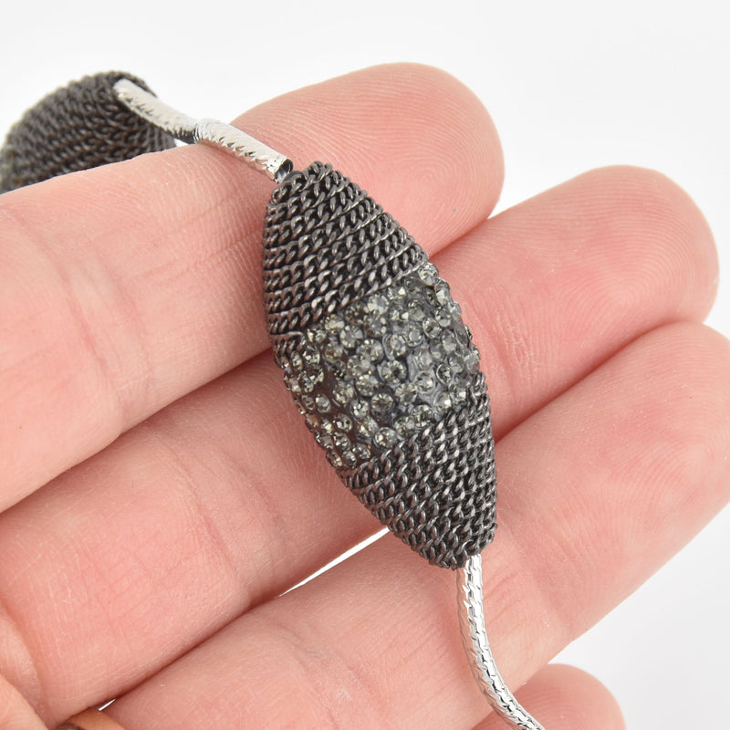 2 Gray Crystal Spindle Beads, Gunmetal Micro Pave Faceted Rhinestone 34mm gem0326