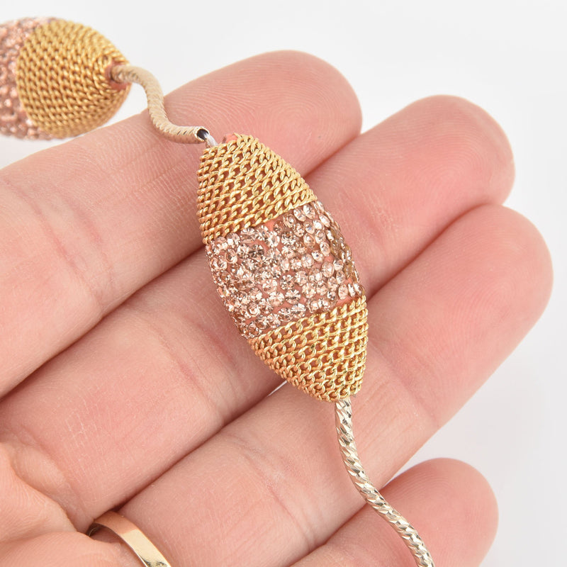 2 Peach Crystal Spindle Beads, Gold Micro Pave Faceted Rhinestone 34mm gem0327