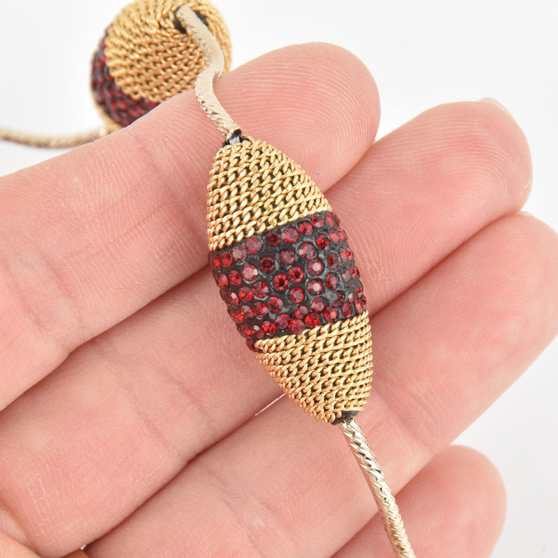 2 Red Crystal Spindle Beads, Gold Micro Pave Faceted Rhinestone 34mm gem0328