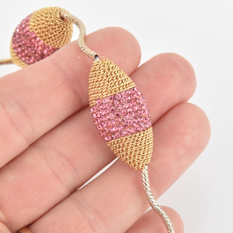 2 Pink Crystal Spindle Beads, Gold Micro Pave Faceted Rhinestone 34mm gem0329