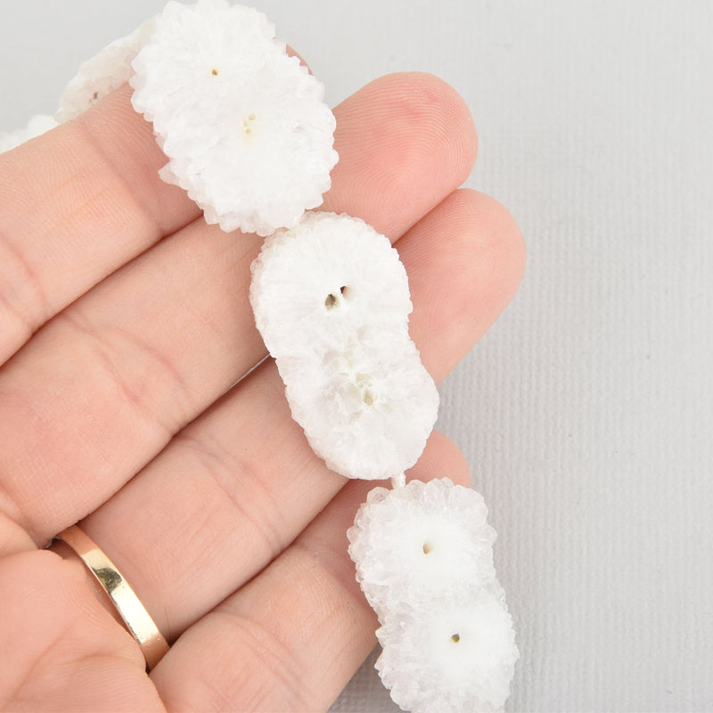2 White DOUBLE EYE Druzy Beads, Natural Quartz, Cross Section of Stalactite, 25mm to 30mm gem0346