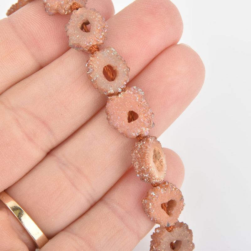 2 CORAL Druzy Beads, Natural Quartz Cross Section of Stalactite, 12mm to 15mm gem0347