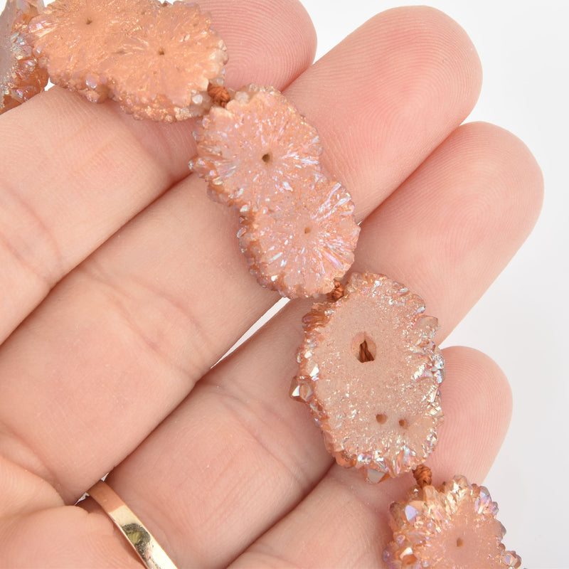 2 Coral DOUBLE EYE Druzy Beads, Natural Quartz, Cross Section of Stalactite, 20mm to 25mm gem0350
