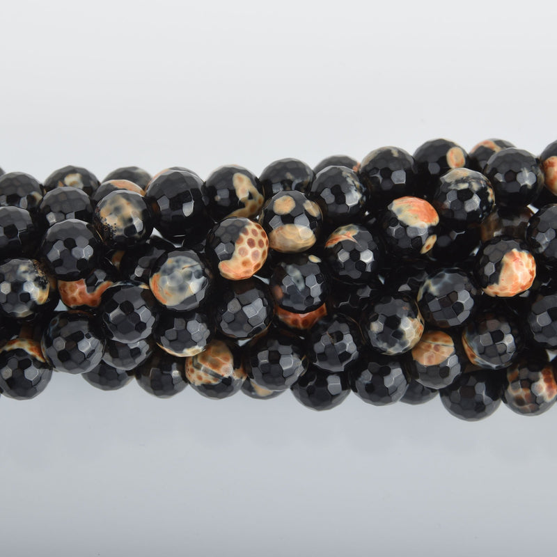 8mm MIDNIGHT HARVEST Agate Beads, round gemstones, orange black, full strand 48 beads gem0352