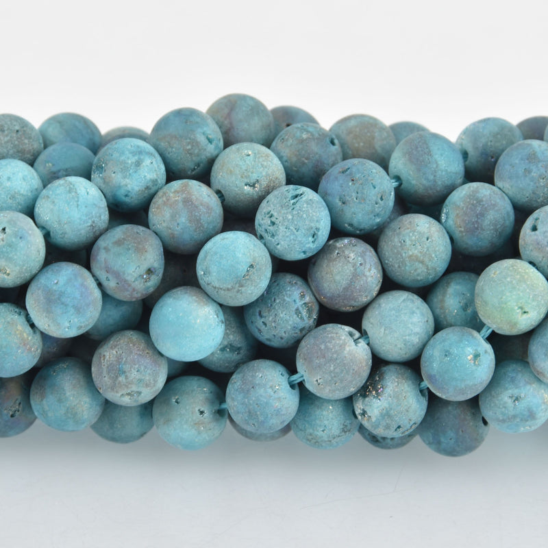 8mm Matte DRUZY Quartz Round Beads PEACOCK BLUE strand gem0372