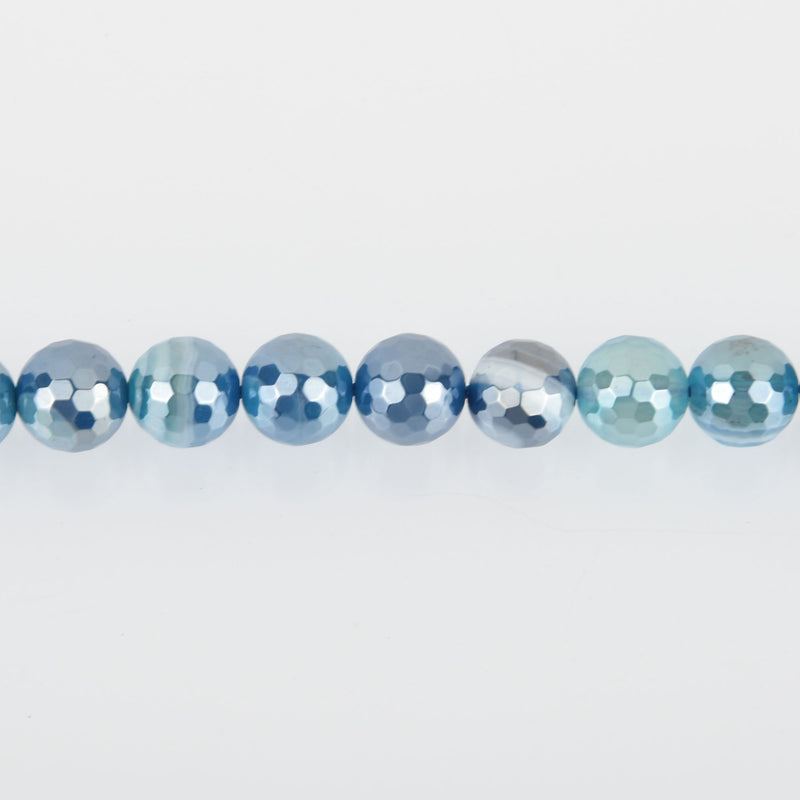 8mm Blue Sardonyx Beads, Round Electroplate Gemstone, Faceted, x10 beads, gem0425