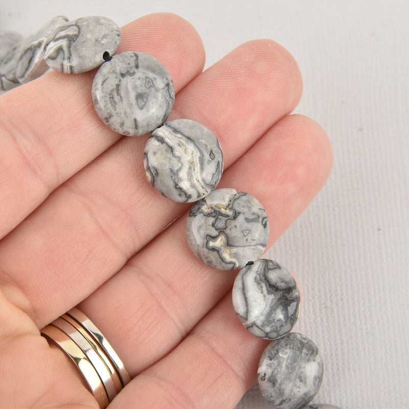 15mm Silver Crazy Lace Agate Gemstone Beads, Coin smooth, x5 beads, gem0432