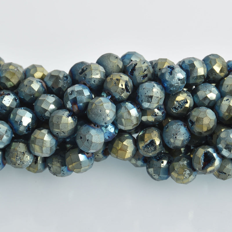 10mm Blue Gold DRUZY QUARTZ Round Beads, Faceted Titanium Coated Geode, full strand gem0455