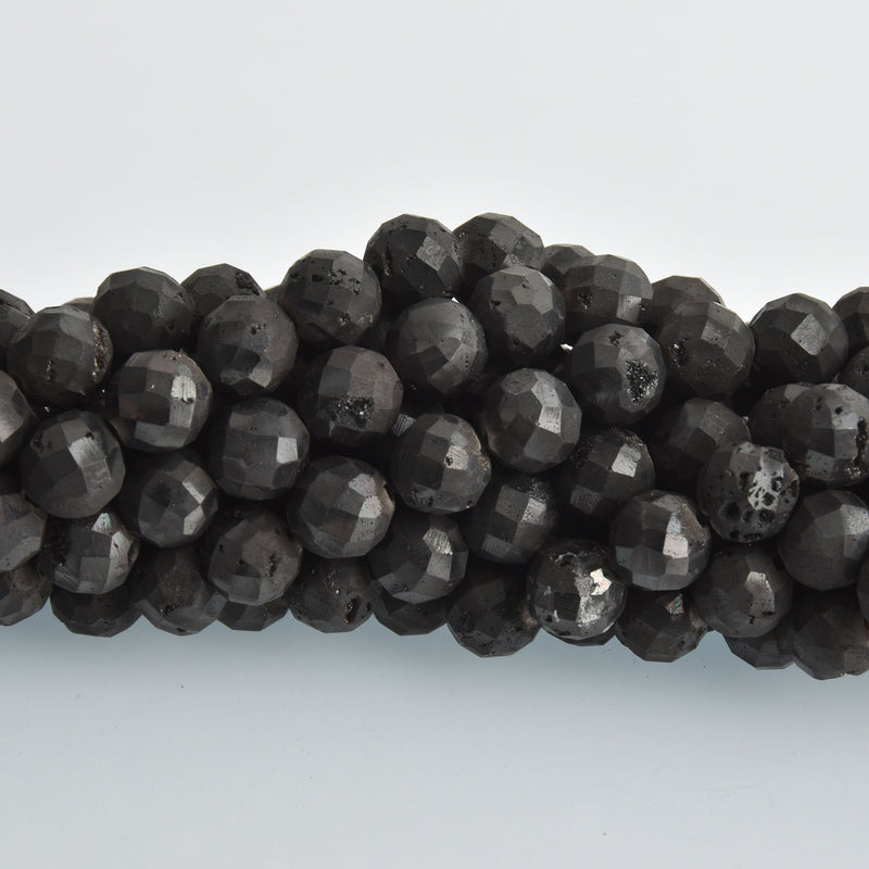 10mm Black DRUZY QUARTZ Round Beads, Faceted Titanium Coated Geode, full strand gem0456