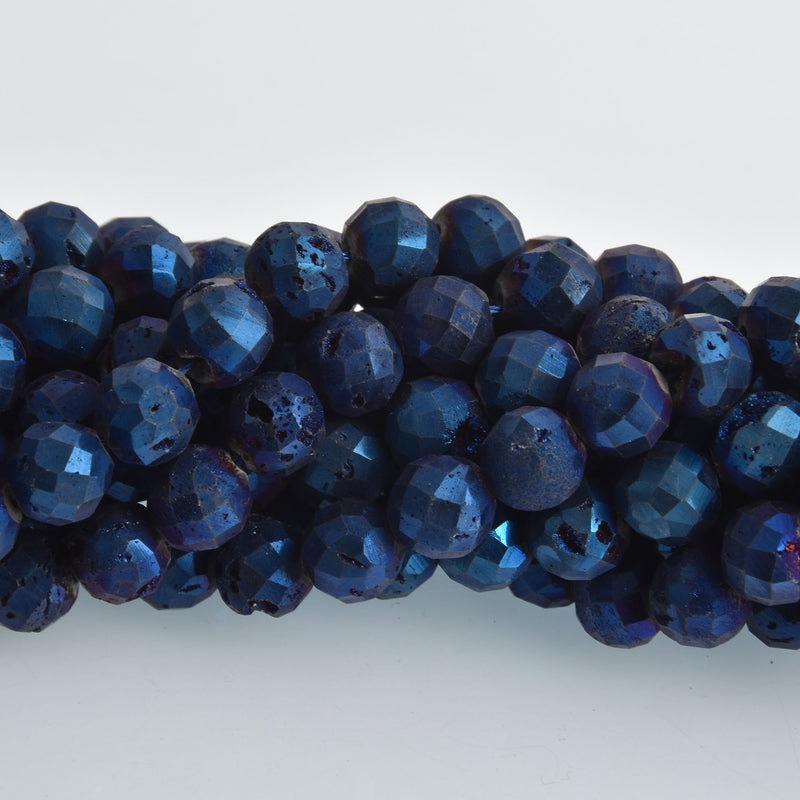 10mm DRUZY QUARTZ Round Beads, Blue Faceted Titanium Coated Geode, full strand gem0460